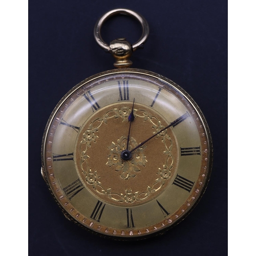 712 - An 18ct gold small pocket watch with gilt dial and Roman numerals, allover chased floral, leaf and s... 