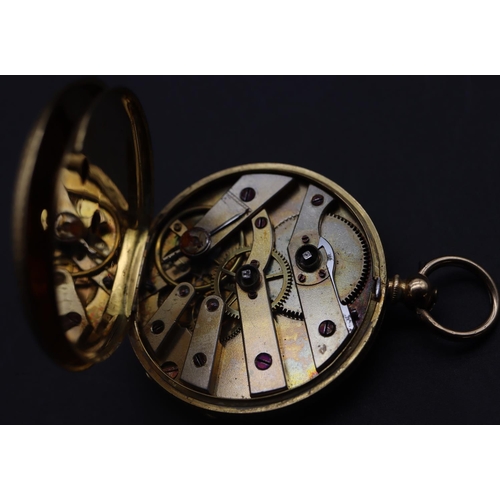 712 - An 18ct gold small pocket watch with gilt dial and Roman numerals, allover chased floral, leaf and s... 