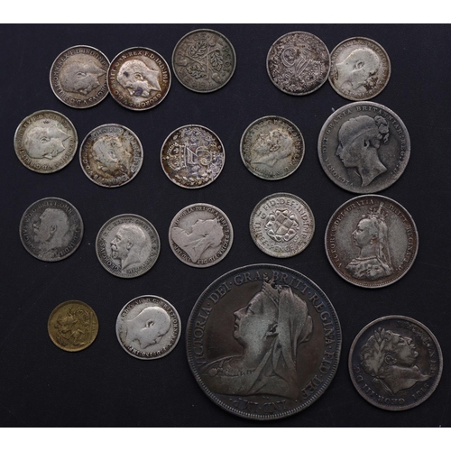 716 - A Victorian Crown, 1896, a George III silver coin, 1816, 2 similar Victorian coins and a small quant... 