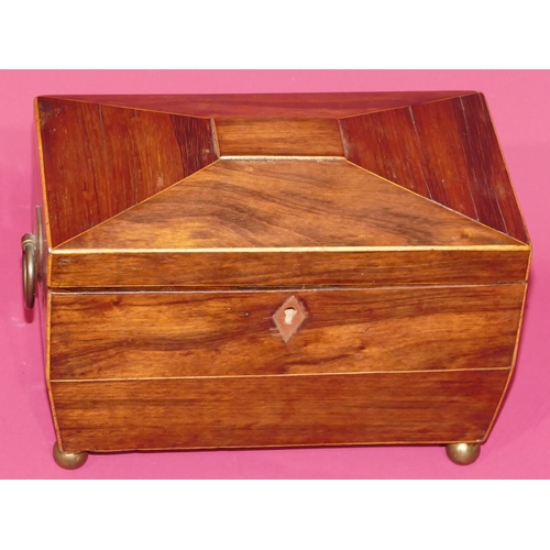 735 - A 19th Century small sarcophagus shaped tea caddy with inlaid satinwood stringing, hinged lid enclos... 