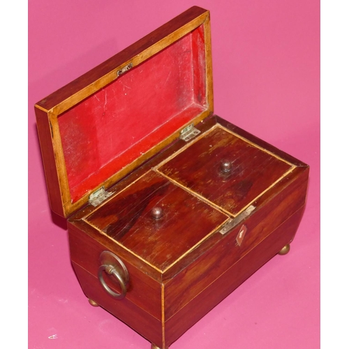 735 - A 19th Century small sarcophagus shaped tea caddy with inlaid satinwood stringing, hinged lid enclos... 