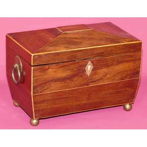 735 - A 19th Century small sarcophagus shaped tea caddy with inlaid satinwood stringing, hinged lid enclos... 