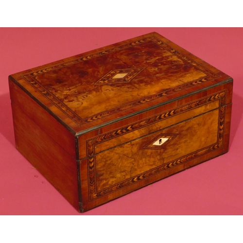 736 - A Victorian burr walnut rectangular shaped sewing box with allover inlaid parquetry decoration, hing... 