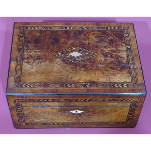 736 - A Victorian burr walnut rectangular shaped sewing box with allover inlaid parquetry decoration, hing... 