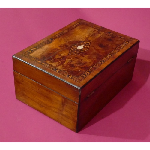 736 - A Victorian burr walnut rectangular shaped sewing box with allover inlaid parquetry decoration, hing... 