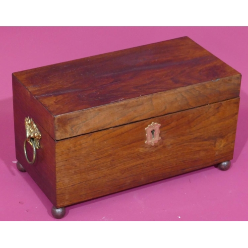 737 - A 19th Century rosewood rectangular shaped tea caddy with hinged lid enclosing 2 lidded compartments... 