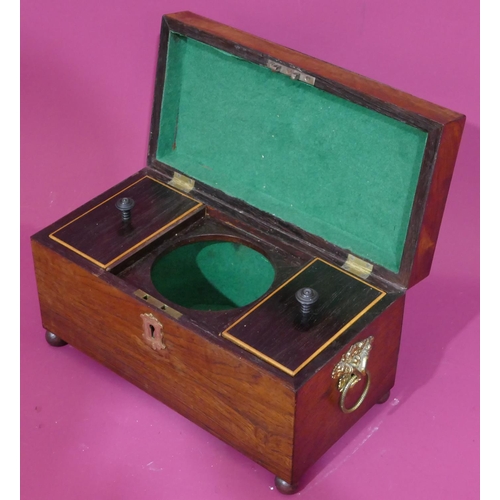 737 - A 19th Century rosewood rectangular shaped tea caddy with hinged lid enclosing 2 lidded compartments... 