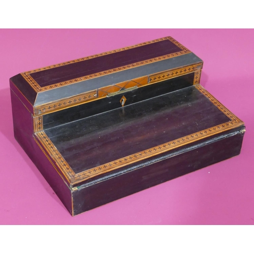 739 - An ebonised and satinwood writing box with allover parquetry decoration, hinged lid and fold-out fro... 