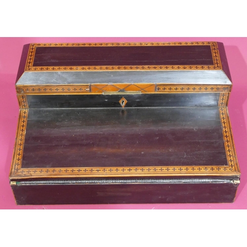 739 - An ebonised and satinwood writing box with allover parquetry decoration, hinged lid and fold-out fro... 