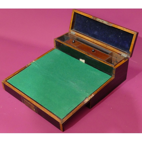 739 - An ebonised and satinwood writing box with allover parquetry decoration, hinged lid and fold-out fro... 