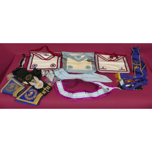 741 - 3 Masonic aprons, 2 sashes and a small quantity of various similar items