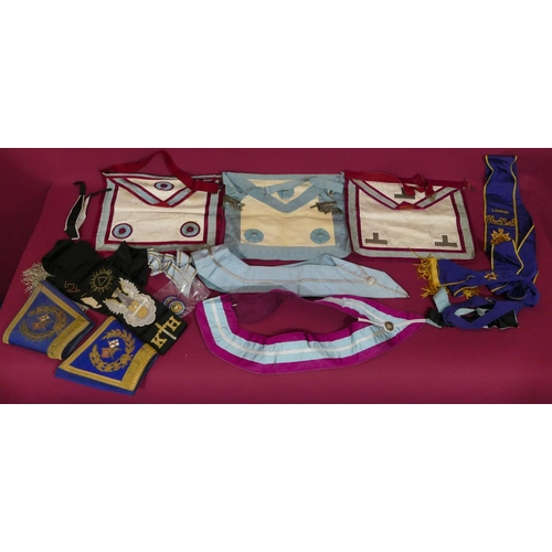 741 - 3 Masonic aprons, 2 sashes and a small quantity of various similar items