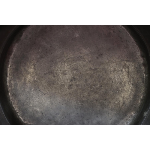 748 - An antique pewter round bowl, 37cm diameter, a similar round pewter bowl, 38cm diameter (2)