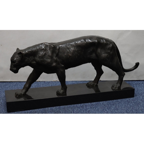 755 - Richard Southall bronze figure of a leopard, signed and numbered 1/10 on black marble base, 75cm lon... 