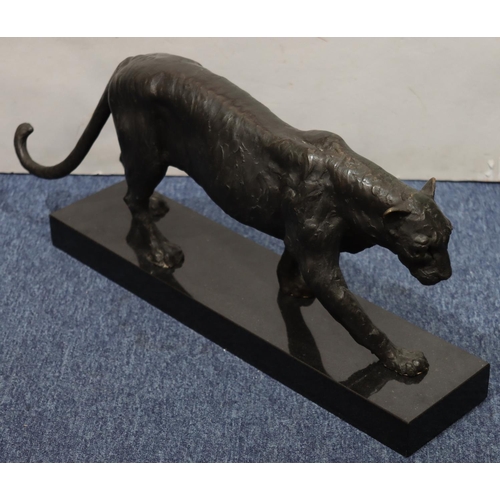 755 - Richard Southall bronze figure of a leopard, signed and numbered 1/10 on black marble base, 75cm lon... 