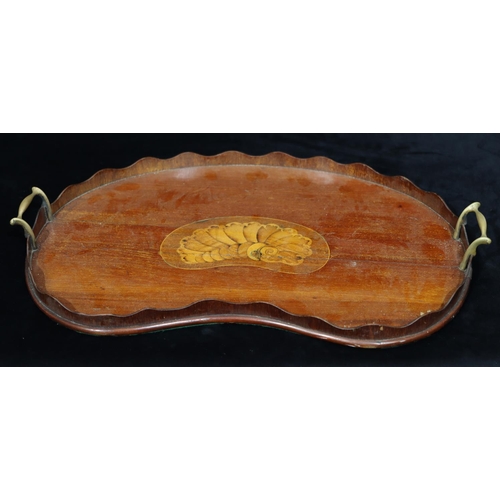 756 - An Edwardian mahogany kidney shaped 2-handled tray with inlaid shell motif, scallop shaped gallery, ... 