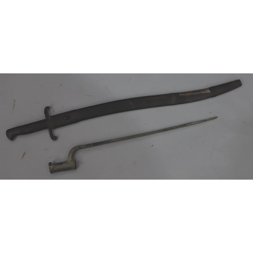 764 - A military bayonet with sheath, stamped S below crown above number 8, 72.5cm long overall, a triangu... 