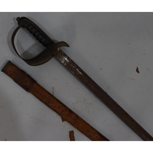 766 - A George V 1897 pattern infantry officer's sword (with leather sheath, missing end and blade rusted ... 