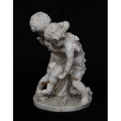 820 - A white marble group of 2 cupids on round base (wings to 1 a/f), 43cm high