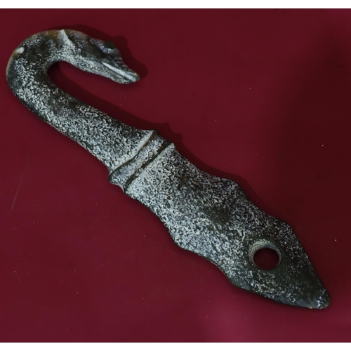 835 - A green hardstone ceremonial dagger with animal head motif, 36cm long