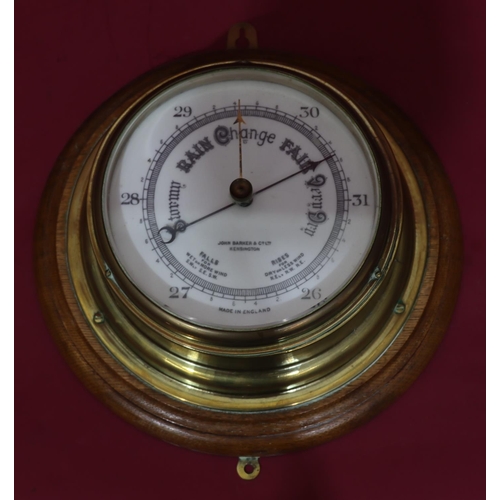 840 - John Barker & Co Ltd, Kensington brass and oak round hanging barometer, 28cm diameter