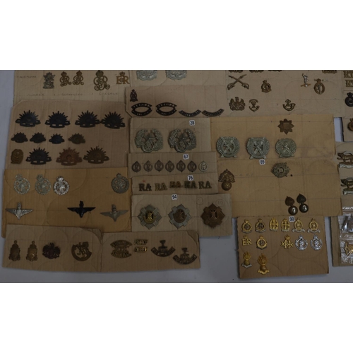 846 - A quantity of various military and other cap badges etc mounted on 26 cut down boards