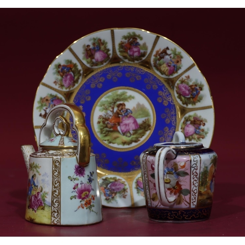 85 - A Dresden small oval teapot with multicoloured figure, floral and gilt decoration, fixed overhead ha... 