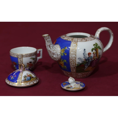 87 - A Dresden small round bulbous shaped teapot on white and blue ground with multicoloured figure, flor... 