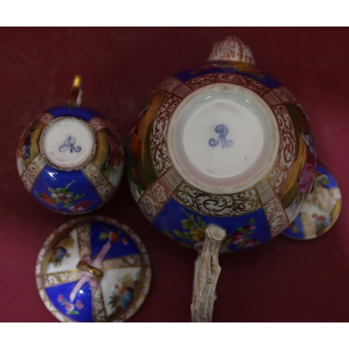 87 - A Dresden small round bulbous shaped teapot on white and blue ground with multicoloured figure, flor... 
