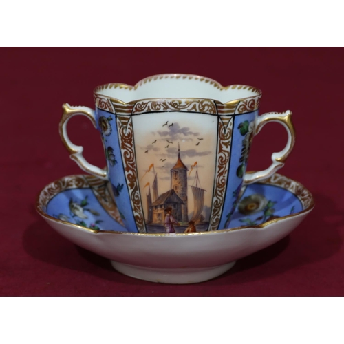 88 - A Dresden oval scallop shaped 2-handled cup on white and blue ground with multicoloured ship, buildi... 