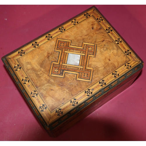 907 - A 19th Century walnut rectangular shaped jewellery box with inlaid parquetry decoration, hinged lid ... 