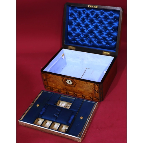 907 - A 19th Century walnut rectangular shaped jewellery box with inlaid parquetry decoration, hinged lid ... 