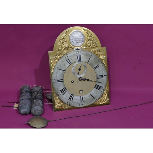 914 - Joseph Clegg, London, arch topped brass 8-day striking longcase clock movement (no case), raised fig... 