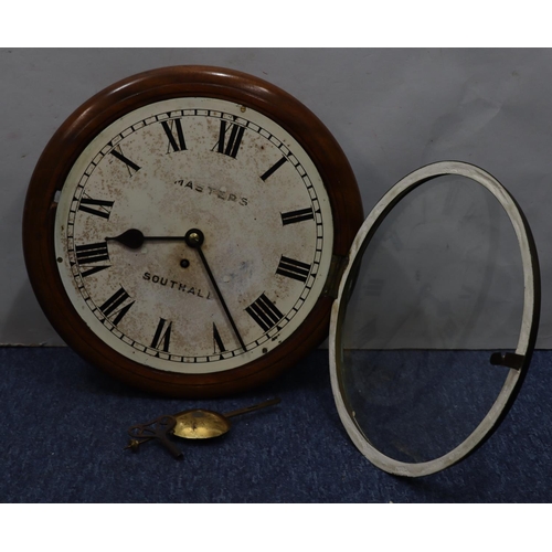 915 - Masters, Southall mahogany round hanging fusee wall clock with white enamel dial and Roman numerals,... 