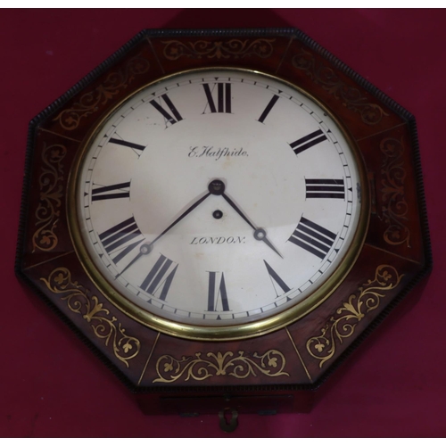 916 - A Regency E Halfhide, London, mahogany and brass inlaid octagonal shaped hanging fusee wall clock, 4... 