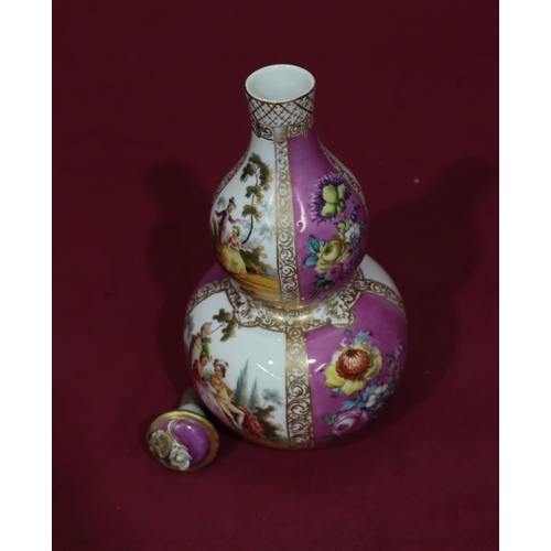 92 - A Dresden round bulbous gourd shaped lidded vase on white and pink ground with multicoloured figure,... 