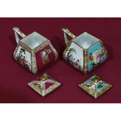 93 - 2 Dresden small square bulbous shaped teapots on white and puce ground and white and turquoise groun... 