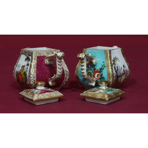93 - 2 Dresden small square bulbous shaped teapots on white and puce ground and white and turquoise groun... 