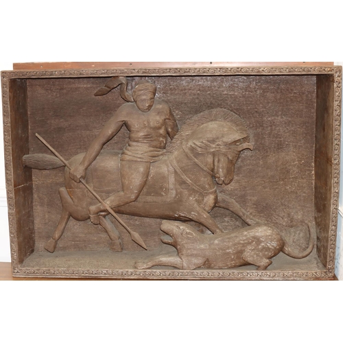 933 - A 19th Century wood carved Eastern heavy Dagestan style panel depicting warrior holding a spear on h... 