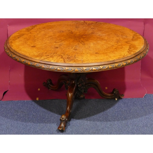 936 - A Victorian bur walnut round tilt-top breakfast table with carved floral and scroll rim, tri-pod bas... 