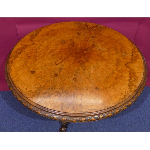 936 - A Victorian bur walnut round tilt-top breakfast table with carved floral and scroll rim, tri-pod bas... 