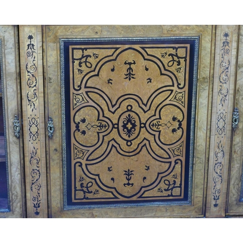 937 - A Victorian bur walnut breakfront credenza with allover ebony and satinwood marquetry, scroll, flora... 