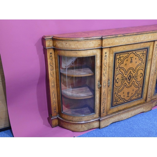 937 - A Victorian bur walnut breakfront credenza with allover ebony and satinwood marquetry, scroll, flora... 