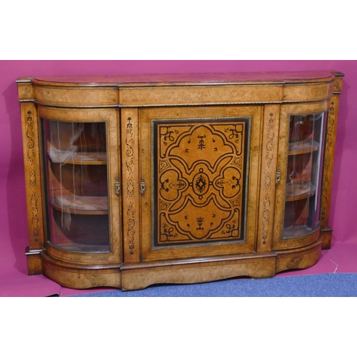 937 - A Victorian bur walnut breakfront credenza with allover ebony and satinwood marquetry, scroll, flora... 