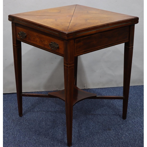 938 - A 19th Century walnut envelope card table with inlaid marquetry shell, scroll and stringing decorati... 