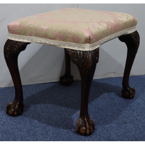 942 - A mahogany Chippendale style rectangular shaped stool with floral overstuffed seat on cabriole legs ... 