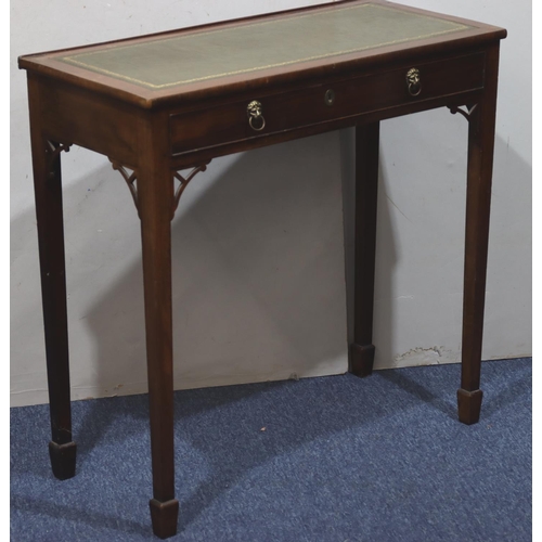 944 - A mahogany writing table with green leather inset top, 1 long drawer with lion ring handles on squar... 