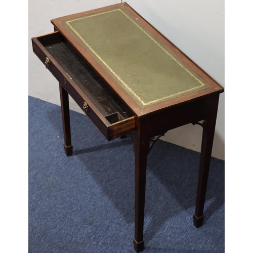 944 - A mahogany writing table with green leather inset top, 1 long drawer with lion ring handles on squar... 