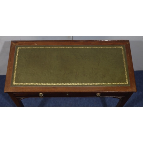 944 - A mahogany writing table with green leather inset top, 1 long drawer with lion ring handles on squar... 