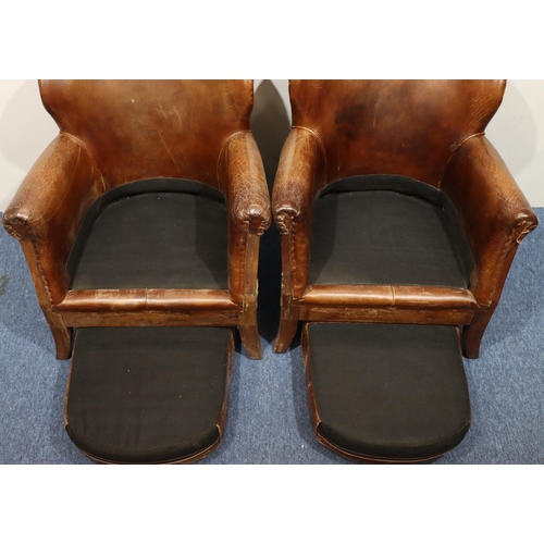 950 - A pair of wooden framed small brown leather tub chairs on splayed front feet, 72cm wide, 69cm deep, ... 